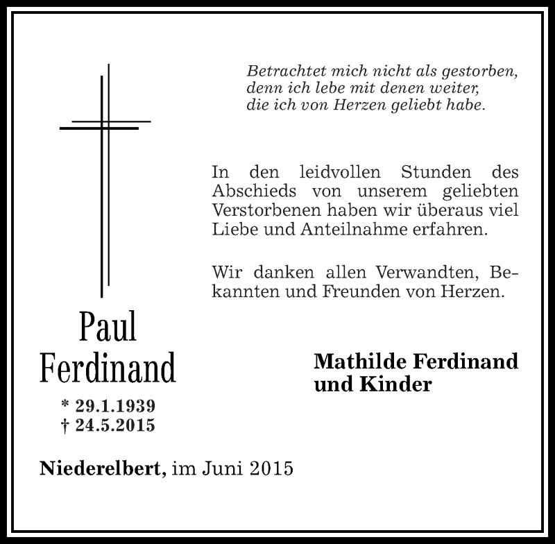  Traueranzeige für Paul Ferdinand vom 27.06.2015 aus Westerwälder Zeitung