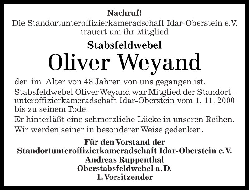  Traueranzeige für Oliver Weyand vom 03.07.2015 aus Nahe-Zeitung