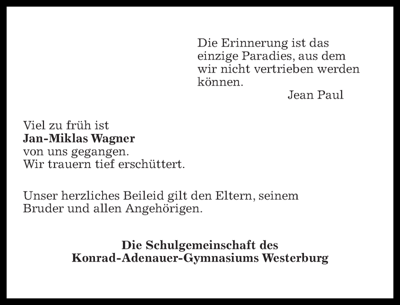  Traueranzeige für Jan-Miklas Wagner vom 31.07.2015 aus Westerwälder Zeitung
