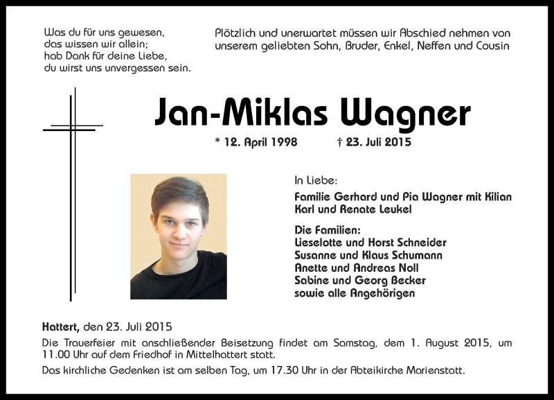  Traueranzeige für Jan-Miklas Wagner vom 30.07.2015 aus Westerwälder Zeitung