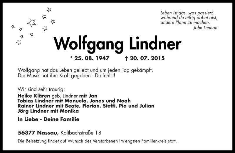  Traueranzeige für Wolfgang Lindner vom 30.07.2015 aus Rhein-Lahn-Zeitung