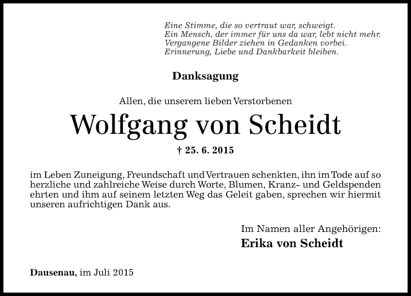  Traueranzeige für Wolfgang von Scheidt vom 25.07.2015 aus Rhein-Zeitung