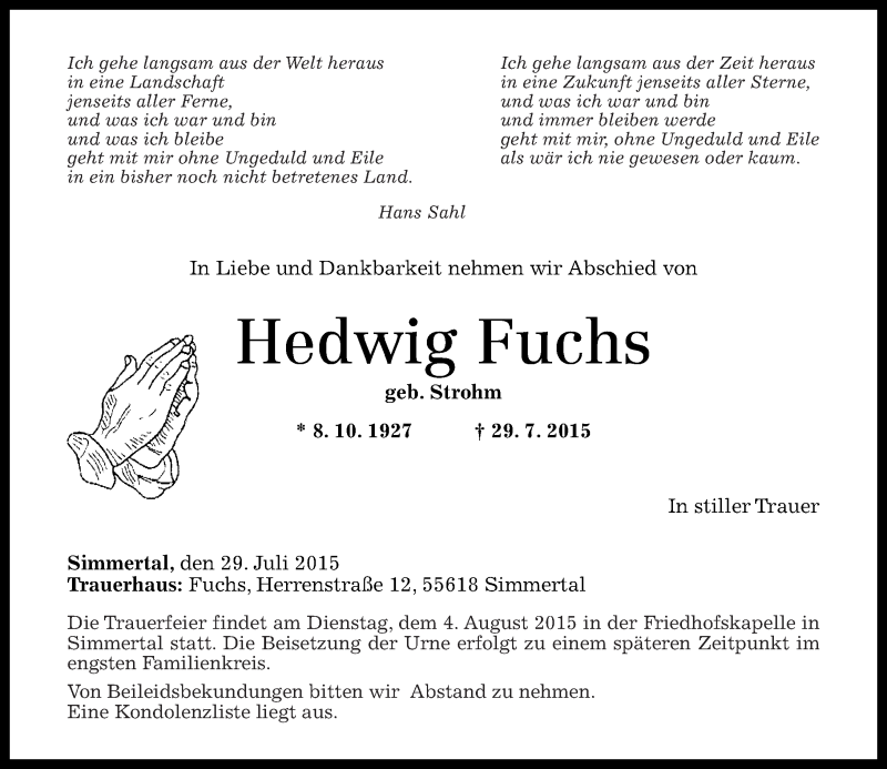  Traueranzeige für Hedwig Fuchs vom 01.08.2015 aus Oeffentlicher Anzeiger