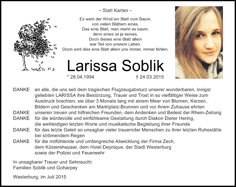  Traueranzeige für Larissa Soblik vom 01.08.2015 aus Westerwälder Zeitung