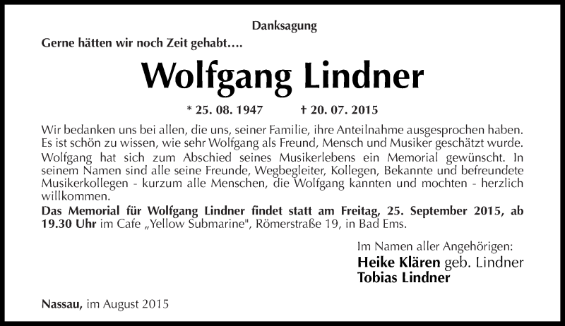  Traueranzeige für Wolfgang Lindner vom 29.08.2015 aus Rhein-Hunsrück-Zeitung