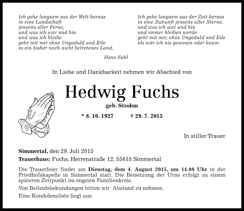  Traueranzeige für Hedwig Fuchs vom 03.08.2015 aus Oeffentlicher Anzeiger
