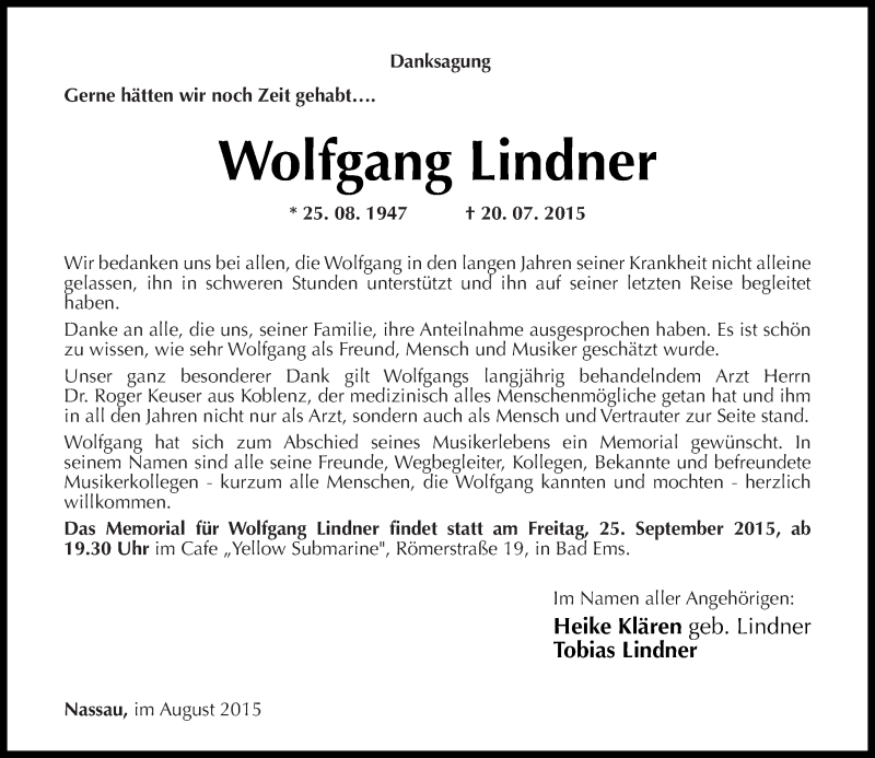  Traueranzeige für Wolfgang Lindner vom 29.08.2015 aus Rhein-Zeitung