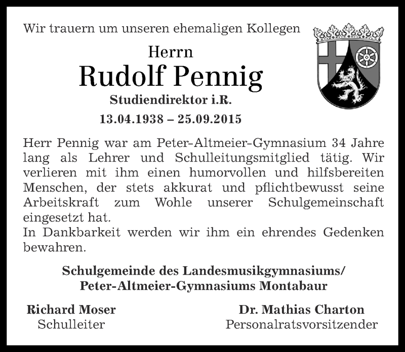  Traueranzeige für Rudolf Pennig vom 01.10.2015 aus Westerwälder Zeitung