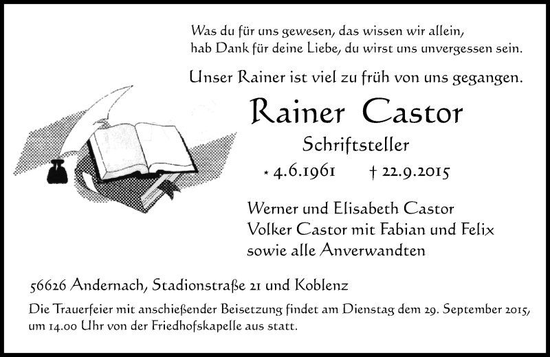  Traueranzeige für Rainer Castor vom 26.09.2015 aus Rhein-Zeitung