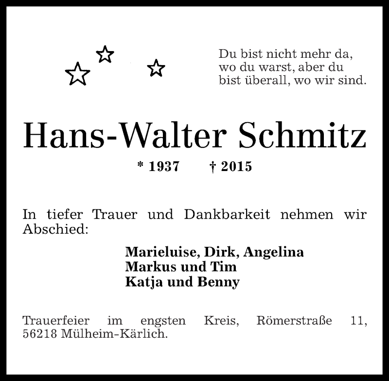  Traueranzeige für Hans-Walter Schmitz vom 02.09.2015 aus Rhein-Zeitung