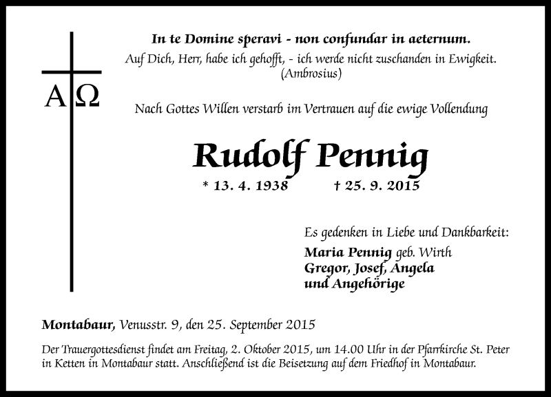  Traueranzeige für Rudolf Pennig vom 30.09.2015 aus Westerwälder Zeitung