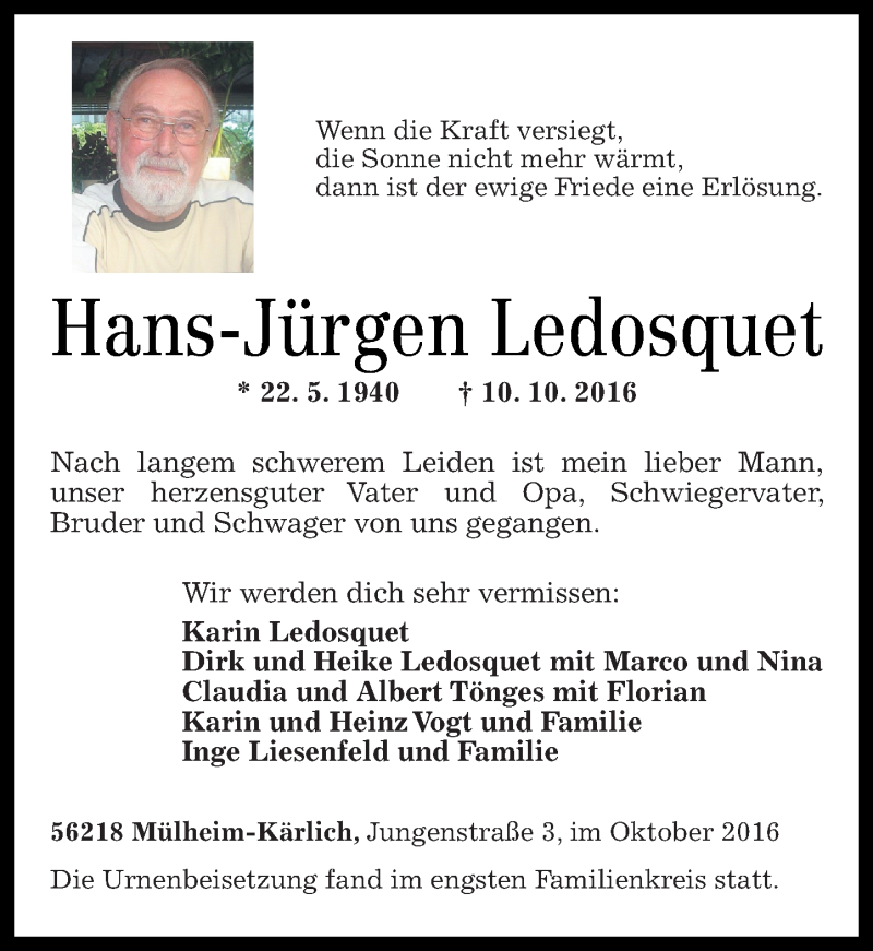  Traueranzeige für Hans-Jürgen Ledosquet vom 22.10.2016 aus Rhein-Zeitung