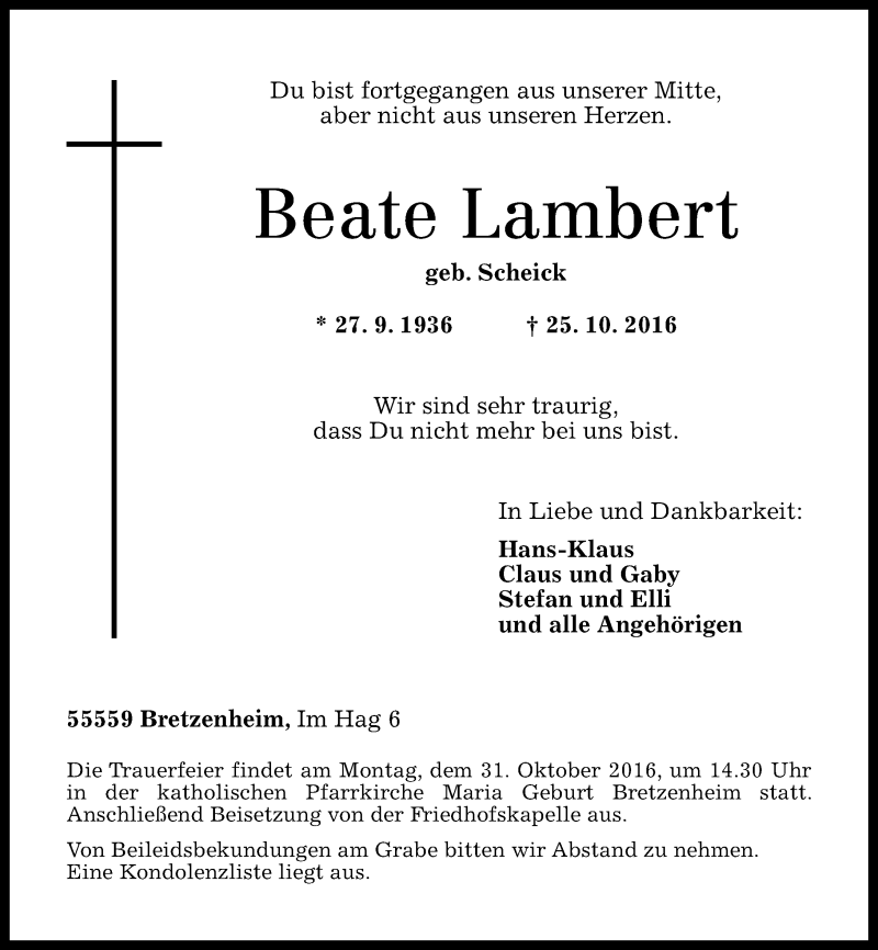  Traueranzeige für Beate Lambert vom 28.10.2016 aus Oeffentlicher Anzeiger