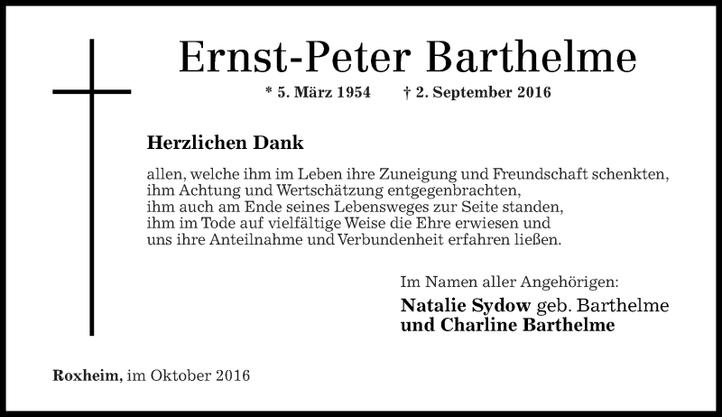  Traueranzeige für Ernst-Peter Barthelme vom 29.10.2016 aus Oeffentlicher Anzeiger