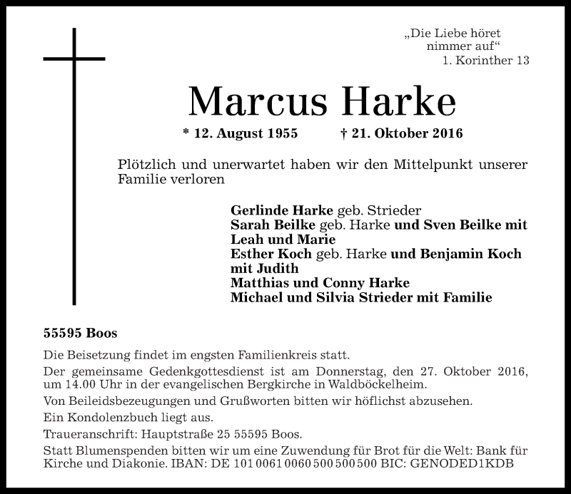  Traueranzeige für Marcus Harke vom 25.10.2016 aus Oeffentlicher Anzeiger