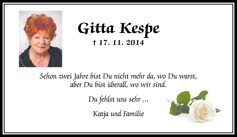  Traueranzeige für Gitta Kespe vom 17.11.2016 aus Westerwälder Zeitung