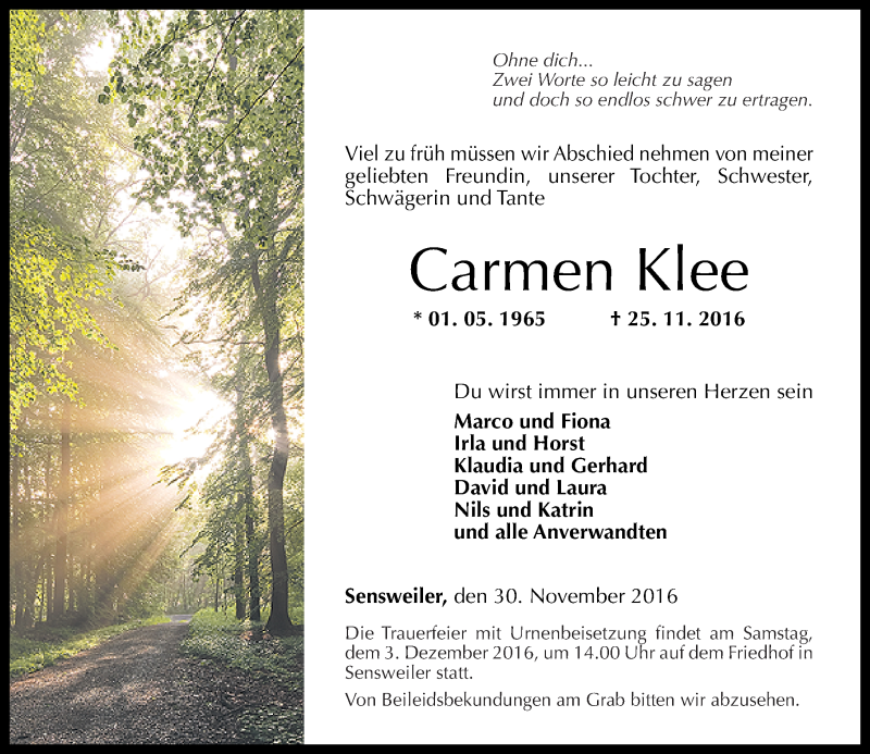  Traueranzeige für Carmen Klee vom 30.11.2016 aus Nahe-Zeitung