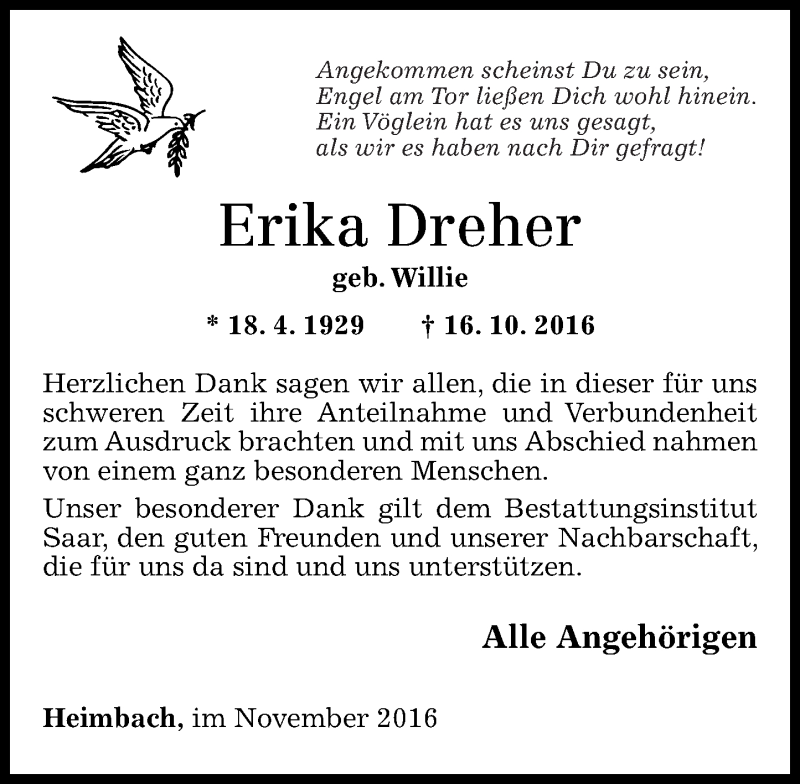  Traueranzeige für Erika Dreher vom 23.11.2016 aus Nahe-Zeitung