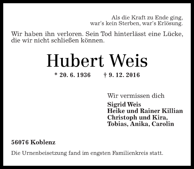  Traueranzeige für Hubert Weis vom 17.12.2016 aus Rhein-Zeitung