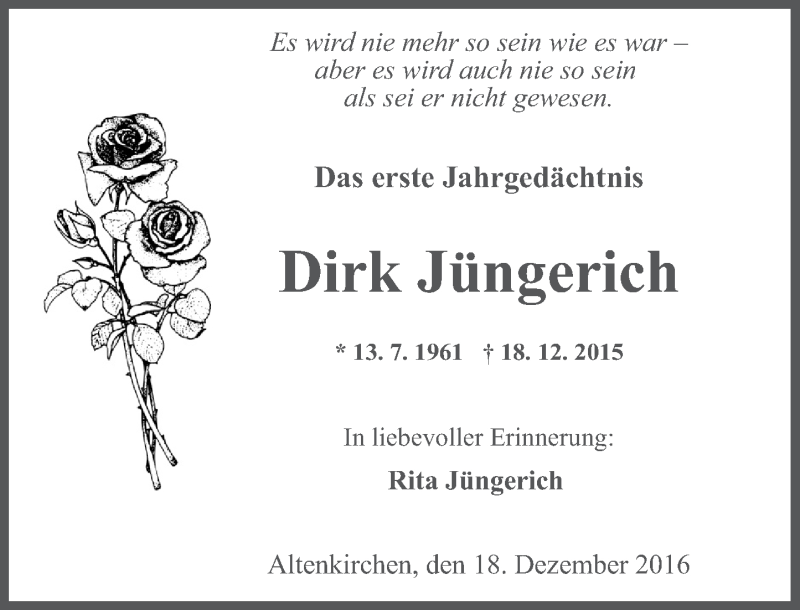  Traueranzeige für Dirk Jüngerich vom 17.12.2016 aus Rhein-Zeitung