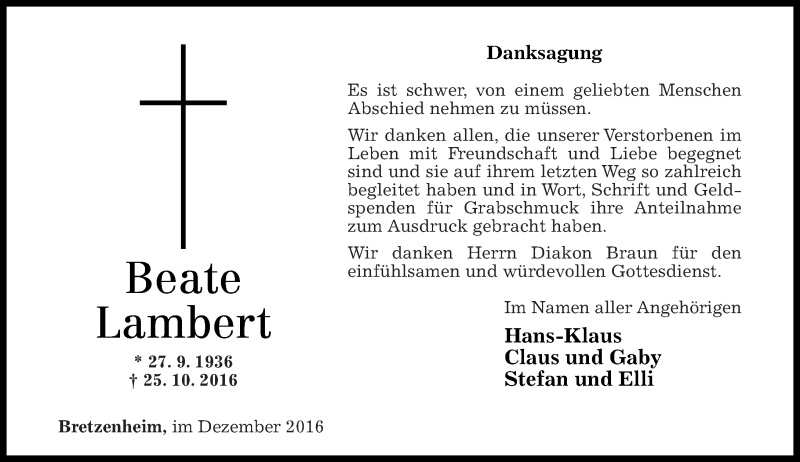  Traueranzeige für Beate Lambert vom 03.12.2016 aus Oeffentlicher Anzeiger