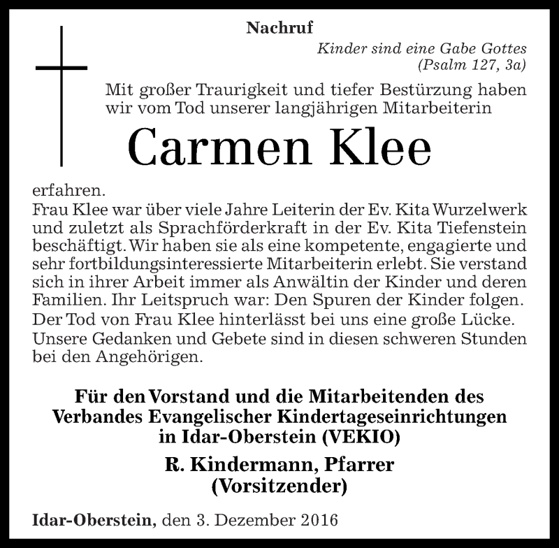  Traueranzeige für Carmen Klee vom 03.12.2016 aus Nahe-Zeitung