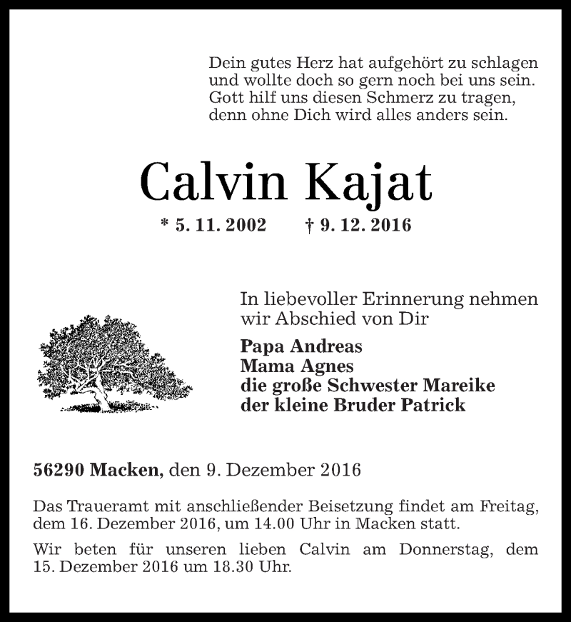  Traueranzeige für Calvin Kajat vom 14.12.2016 aus Rhein-Zeitung