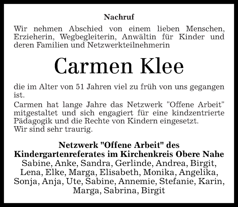  Traueranzeige für Carmen Klee vom 03.12.2016 aus Nahe-Zeitung