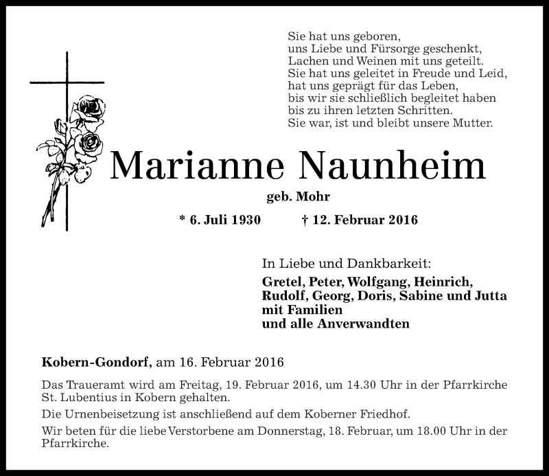  Traueranzeige für Marianne Naunheim vom 16.02.2016 aus Rhein-Zeitung