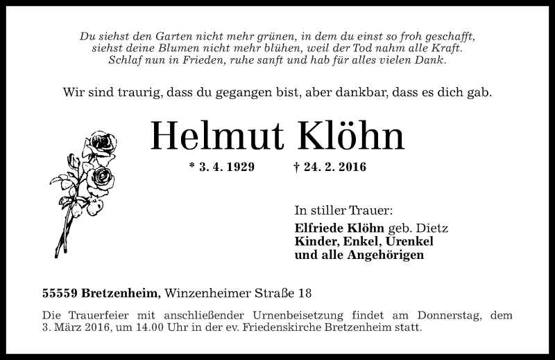  Traueranzeige für Helmut Klöhn vom 27.02.2016 aus Oeffentlicher Anzeiger