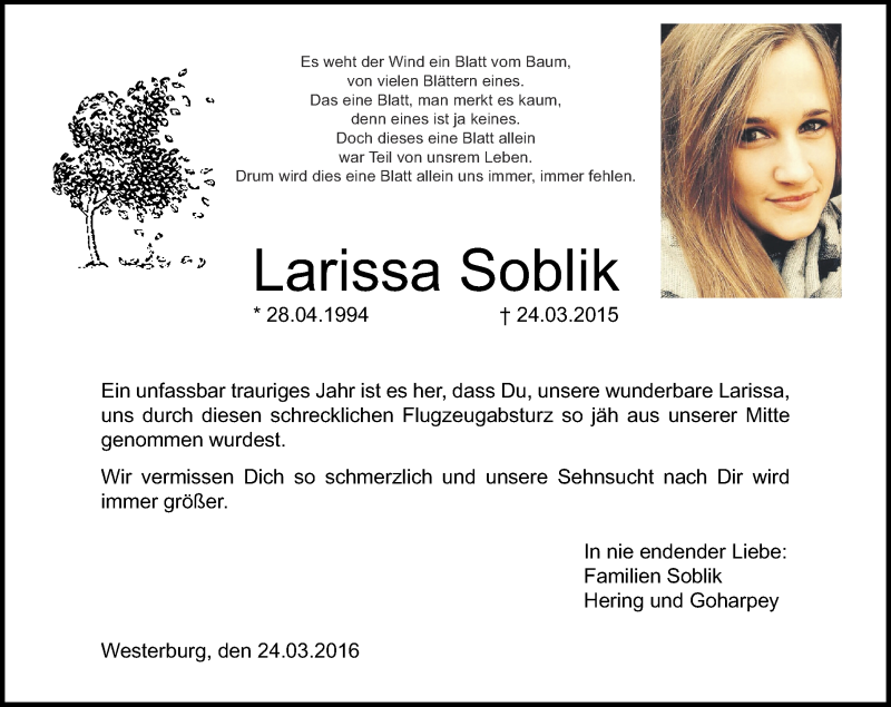  Traueranzeige für Larissa Soblik vom 24.03.2016 aus Westerwälder Zeitung