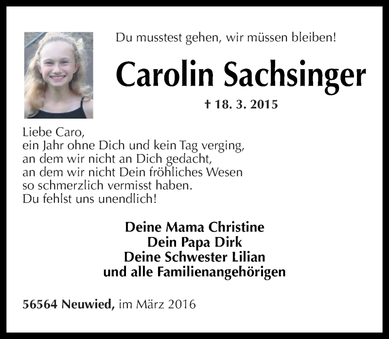  Traueranzeige für Carolin Sachsinger vom 19.03.2016 aus Rhein-Zeitung