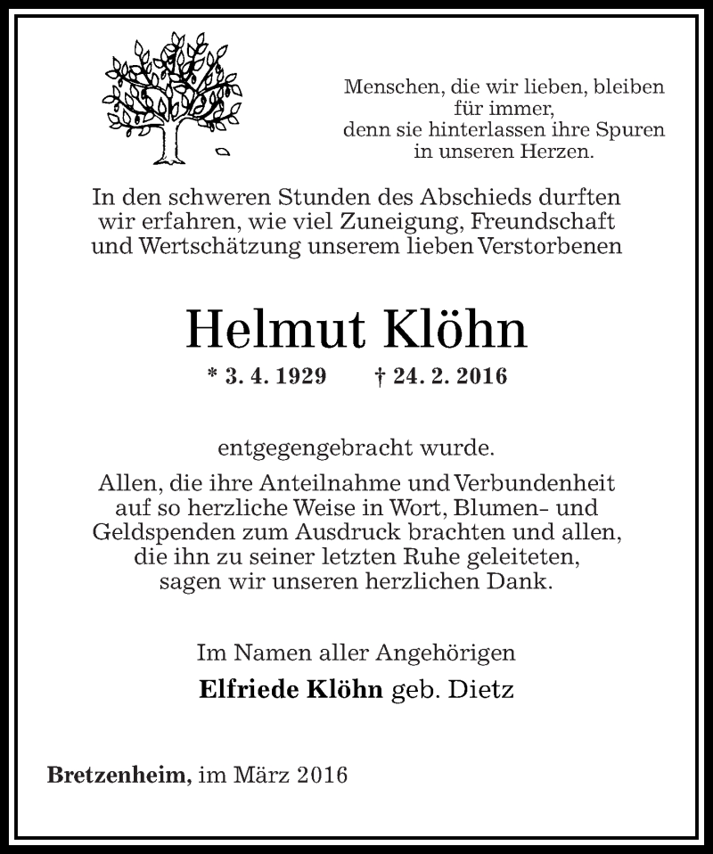  Traueranzeige für Helmut Klöhn vom 18.03.2016 aus Oeffentlicher Anzeiger