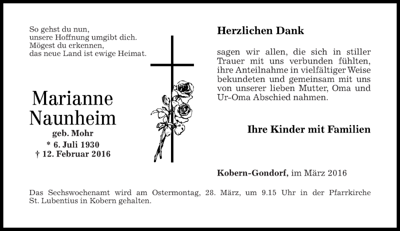  Traueranzeige für Marianne Naunheim vom 19.03.2016 aus Rhein-Zeitung