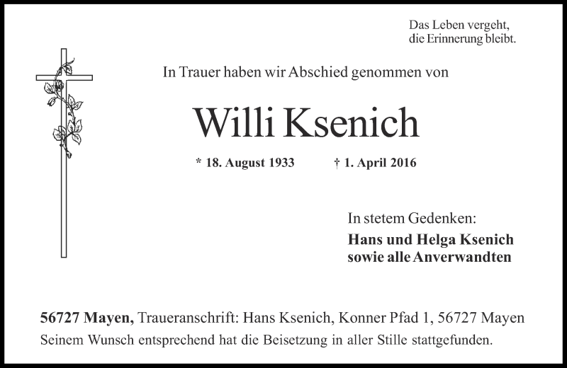  Traueranzeige für Willi Ksenich vom 09.04.2016 aus Rhein-Zeitung