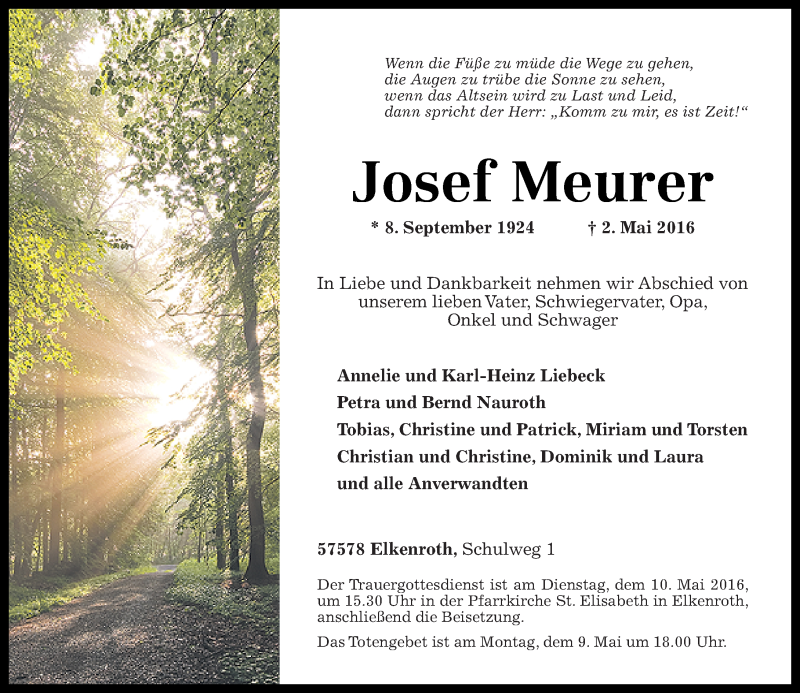  Traueranzeige für Josef Meurer vom 07.05.2016 aus Rhein-Zeitung