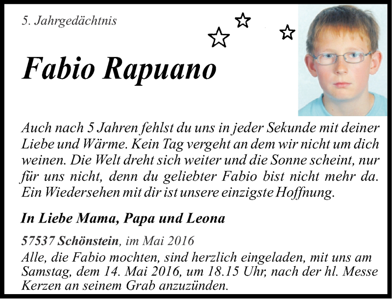  Traueranzeige für Fabio Rapuano vom 10.05.2016 aus Rhein-Zeitung