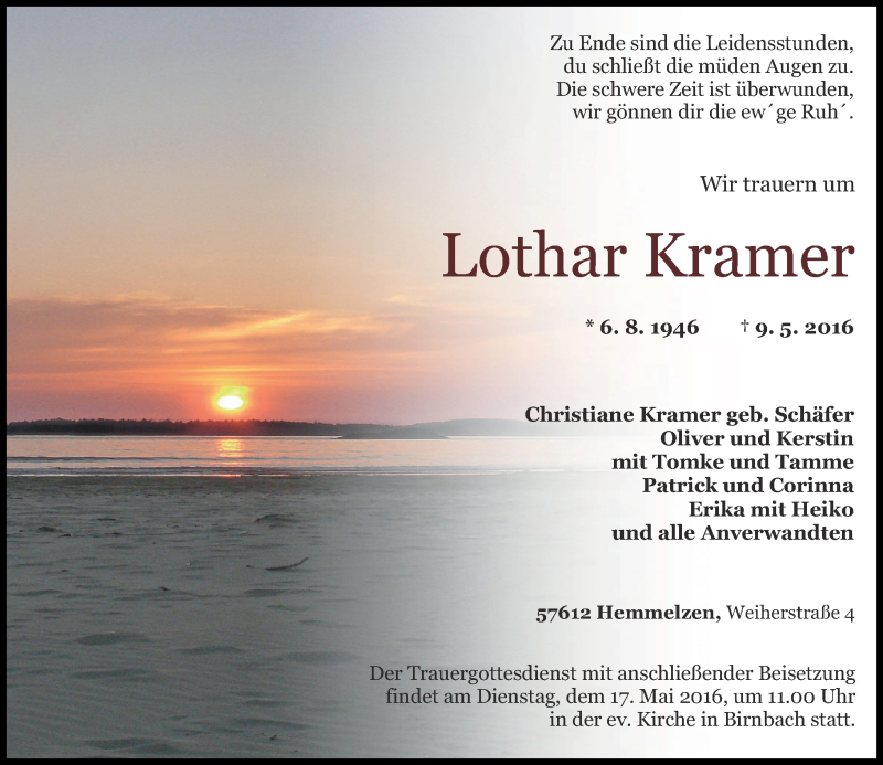  Traueranzeige für Lothar Kramer vom 12.05.2016 aus Rhein-Zeitung