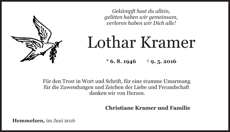  Traueranzeige für Lothar Kramer vom 24.06.2016 aus Rhein-Zeitung
