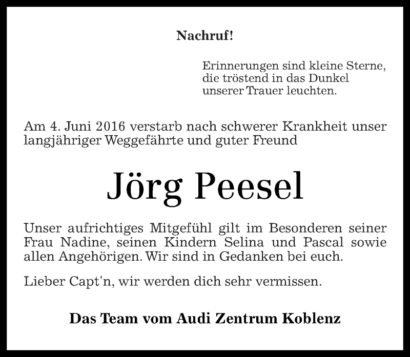  Traueranzeige für Jörg Peesel vom 11.06.2016 aus Rhein-Zeitung