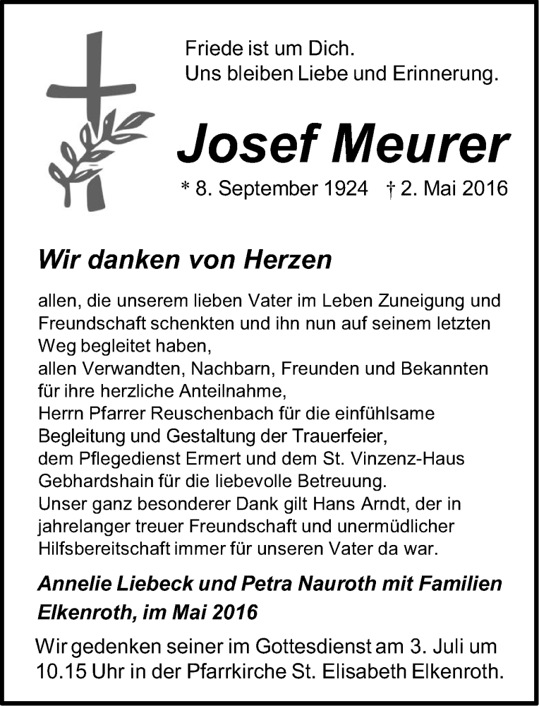 Traueranzeige für Josef Meurer vom 04.06.2016 aus Rhein-Zeitung