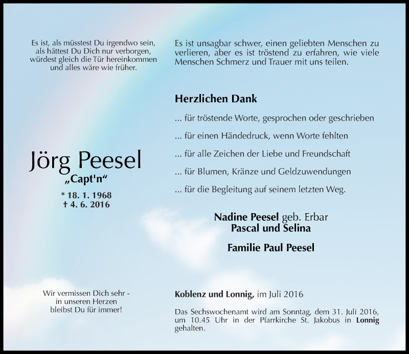  Traueranzeige für Jörg Peesel vom 16.07.2016 aus Rhein-Zeitung