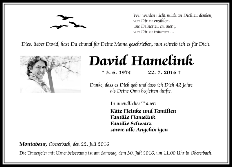  Traueranzeige für David Hamelink vom 27.07.2016 aus Westerwälder Zeitung