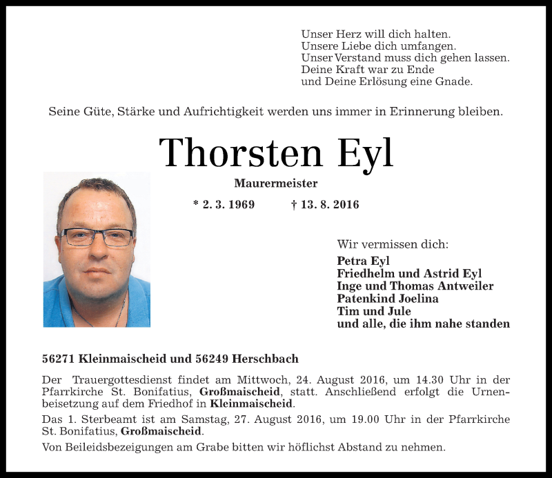  Traueranzeige für Thorsten Eyl vom 20.08.2016 aus Rhein-Zeitung