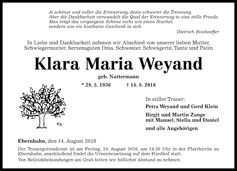  Traueranzeige für Klara Maria Weyand vom 17.08.2016 aus Westerwälder Zeitung