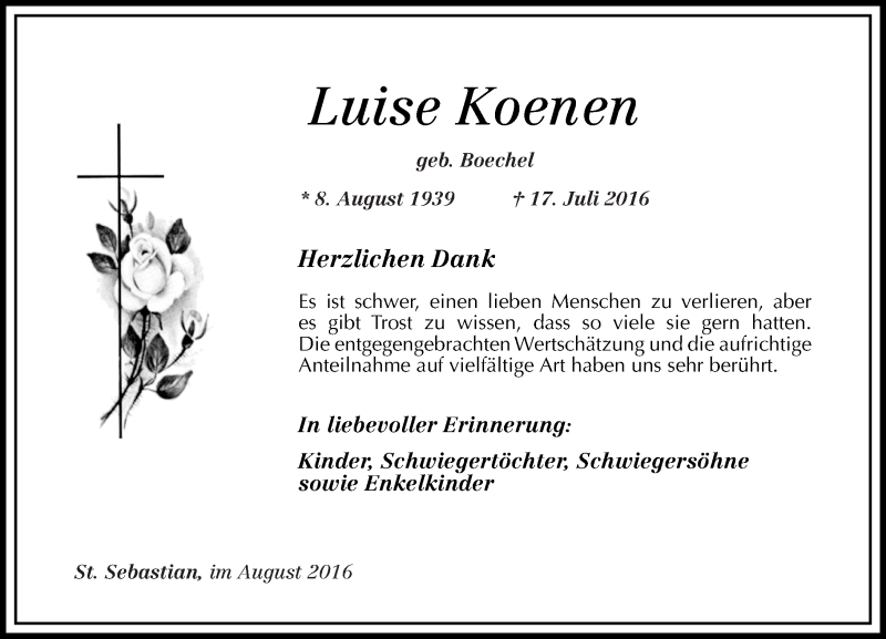 Traueranzeige für Luise Koenen vom 06.08.2016 aus Rhein-Zeitung