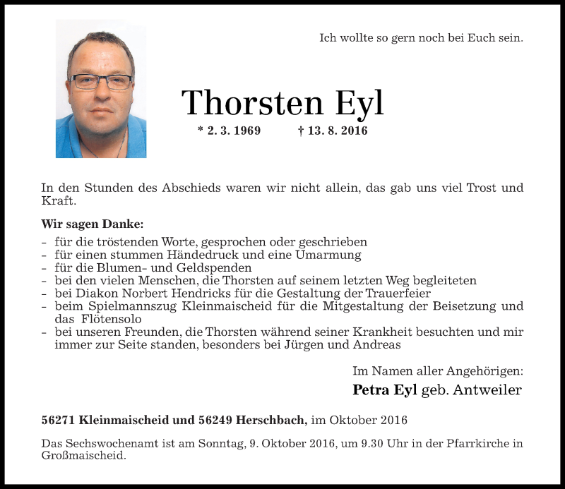  Traueranzeige für Thorsten Eyl vom 01.10.2016 aus Rhein-Zeitung