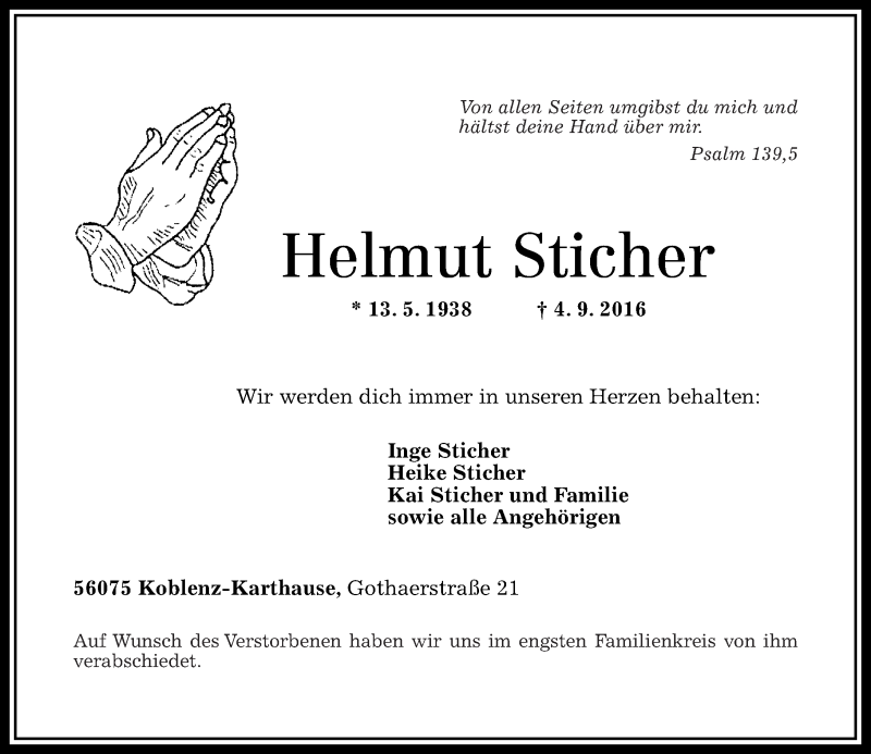  Traueranzeige für Helmut Sticher vom 17.09.2016 aus Rhein-Zeitung