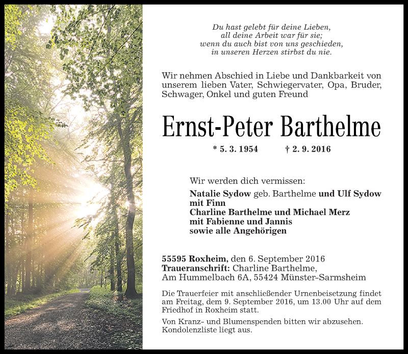  Traueranzeige für Ernst-Peter Barthelme vom 06.09.2016 aus Rhein-Zeitung
