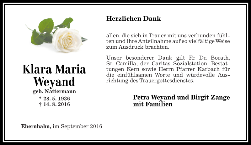  Traueranzeige für Klara Maria Weyand vom 10.09.2016 aus Westerwälder Zeitung